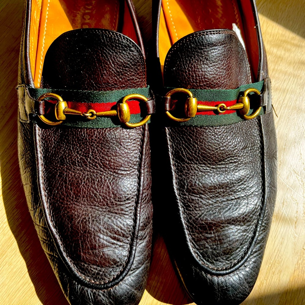 GUCCI Mens Jordaan Brown Leather Horsebit Web Loafers Sz 9 1/2